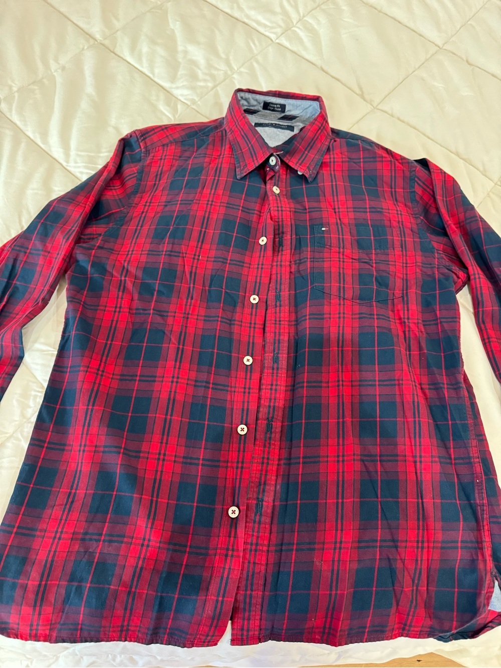 Tommy Hilfiger Red and Navy Plaid Casual Button-Down Shirt